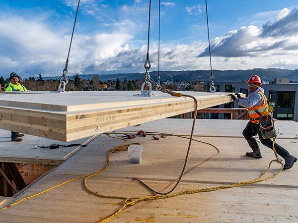 在木材工程施工中，工人们用起重机引导悬挂的大木板